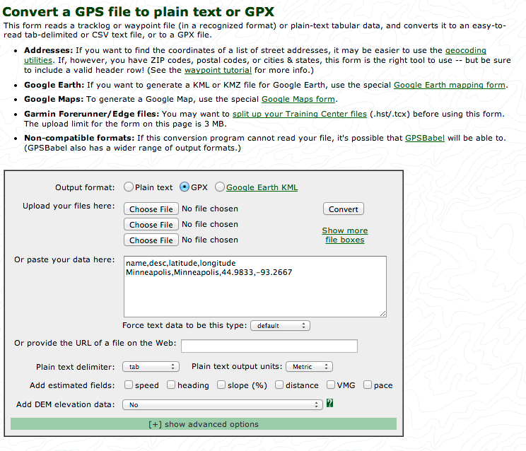 Screen shot showing conversion to GPX