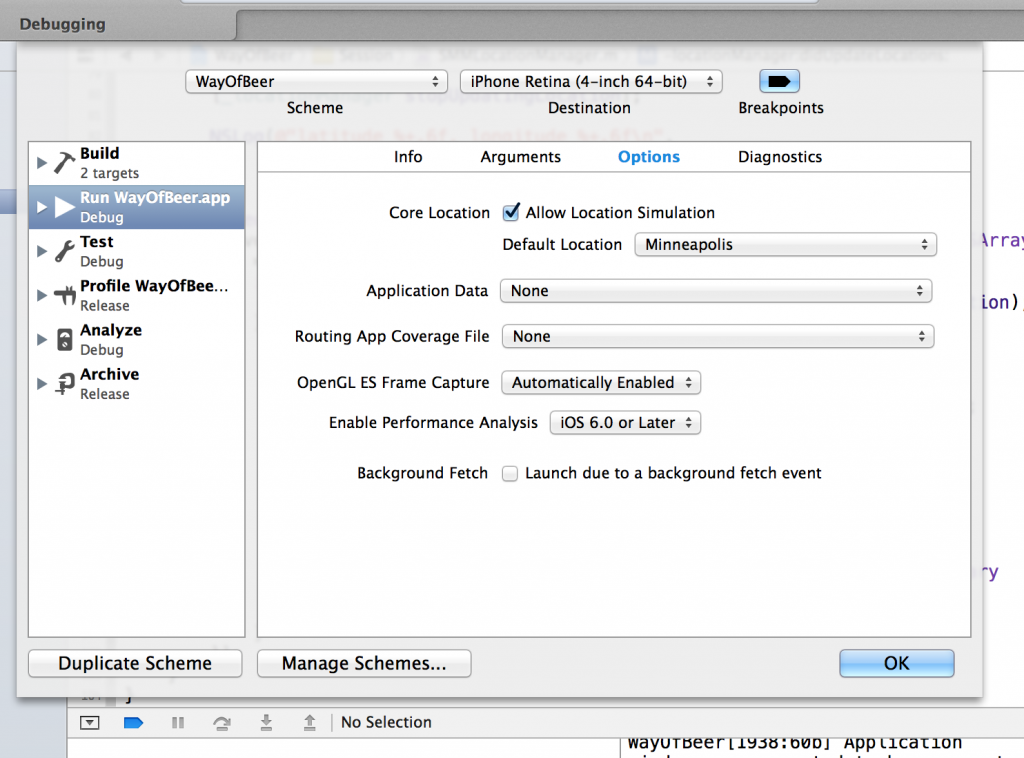 Screen shot showing default location setting in Edit Scheme